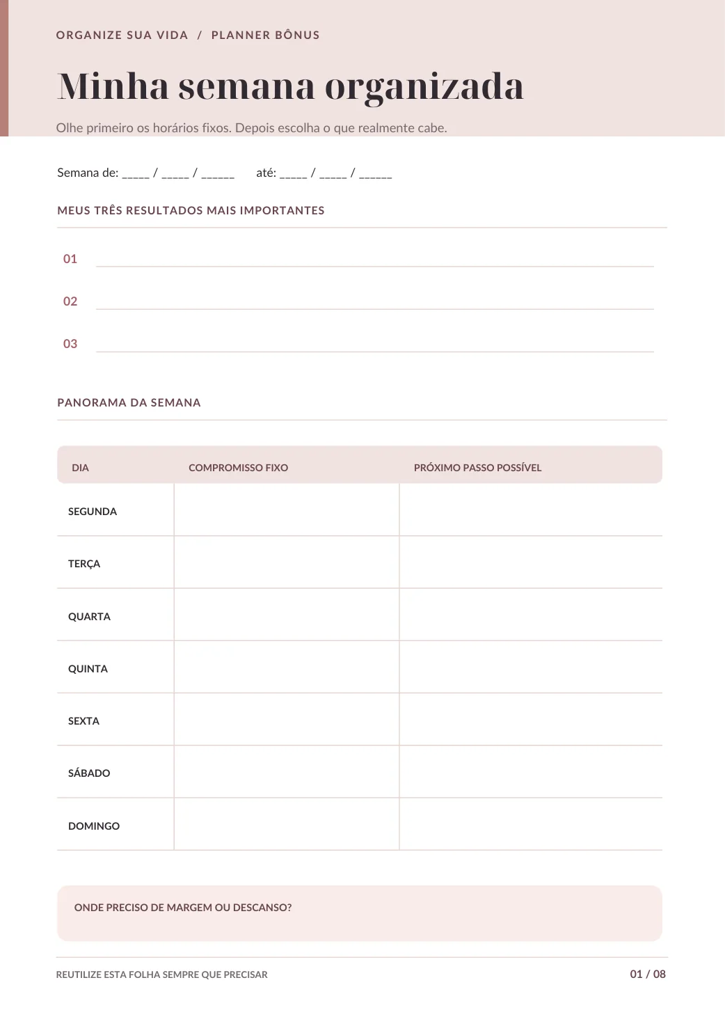 Página real do planner bônus: minha semana organizada